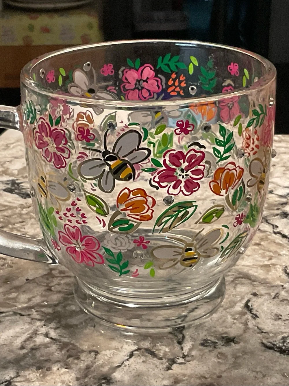 BP-HAND-PAINTED-LUNA &SAGE GLASS BUMBLE BEE-FLORAL GLASS MUG